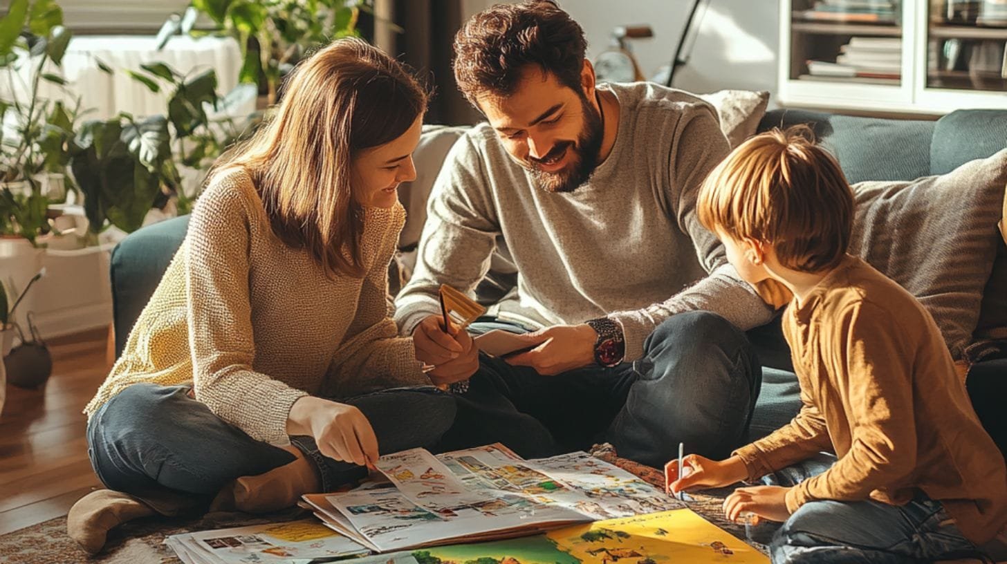 couple in a living room planning a vacation. The children are playing nearby. Realistic photo -- landscape format