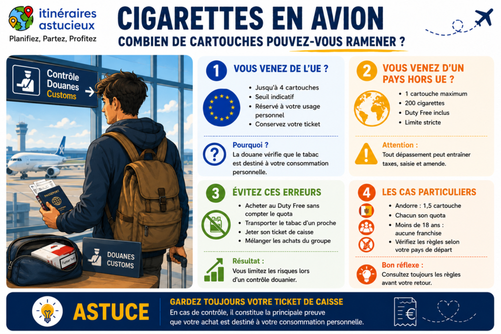 Infographie présentant les quantités de cartouches de cigarettes autorisées en avion selon le pays de départ (Union européenne, pays hors UE et Andorre), les principales erreurs à éviter lors d'un contrôle douanier et les règles essentielles à connaître avant de rentrer en France.