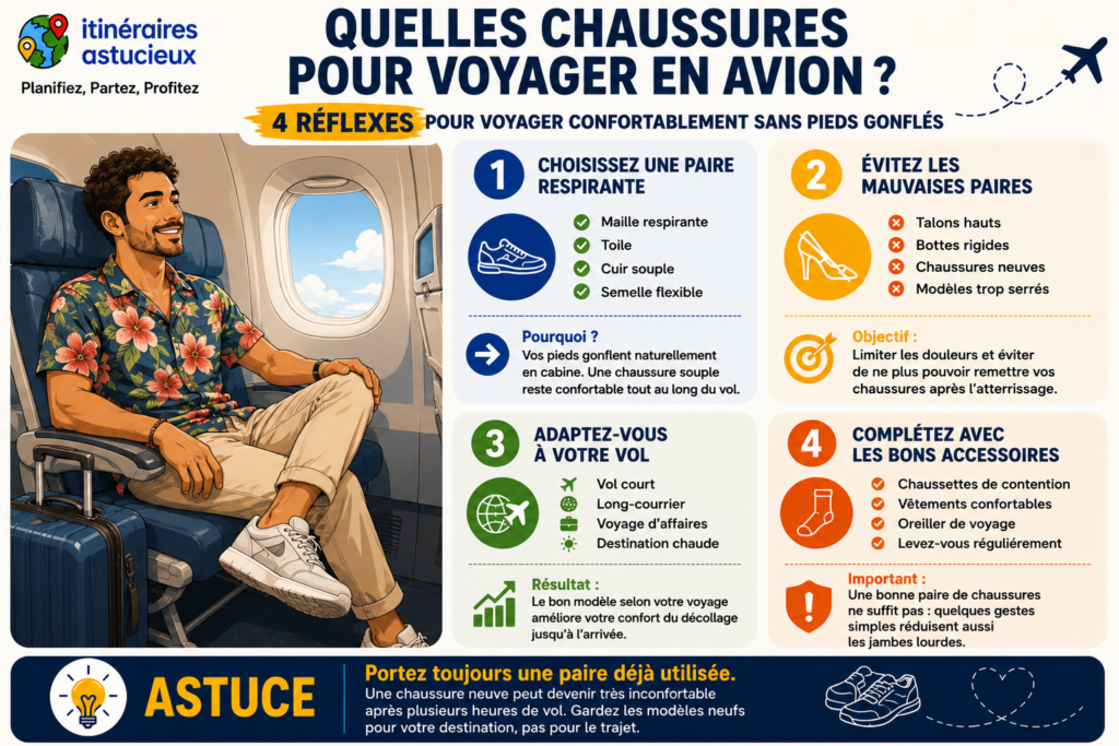 Infographie présentant les meilleures chaussures pour voyager en avion, les modèles à éviter, les conseils selon le type de vol et les accessoires recommandés pour limiter le gonflement des pieds.