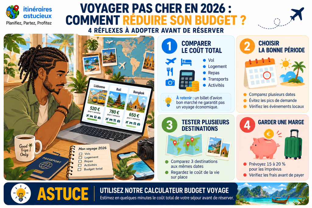 Infographie pour voyager pas cher en 2026 avec 4 conseils pour réduire son budget voyage