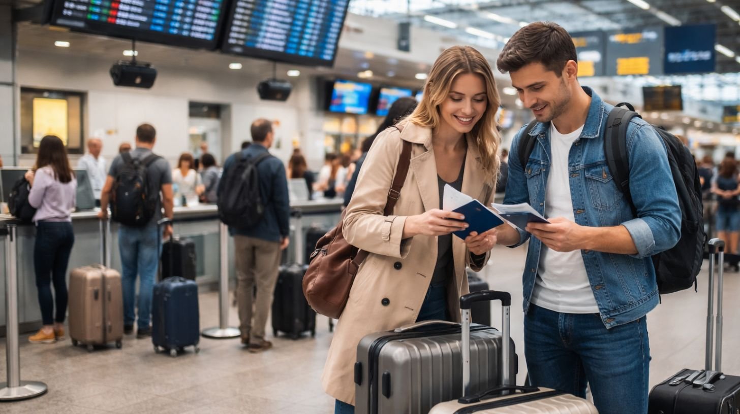 Éviter les problèmes à l’aéroport : voyageurs préparés vérifiant leurs documents et bagages avant l’enregistrement dans un terminal moderne.