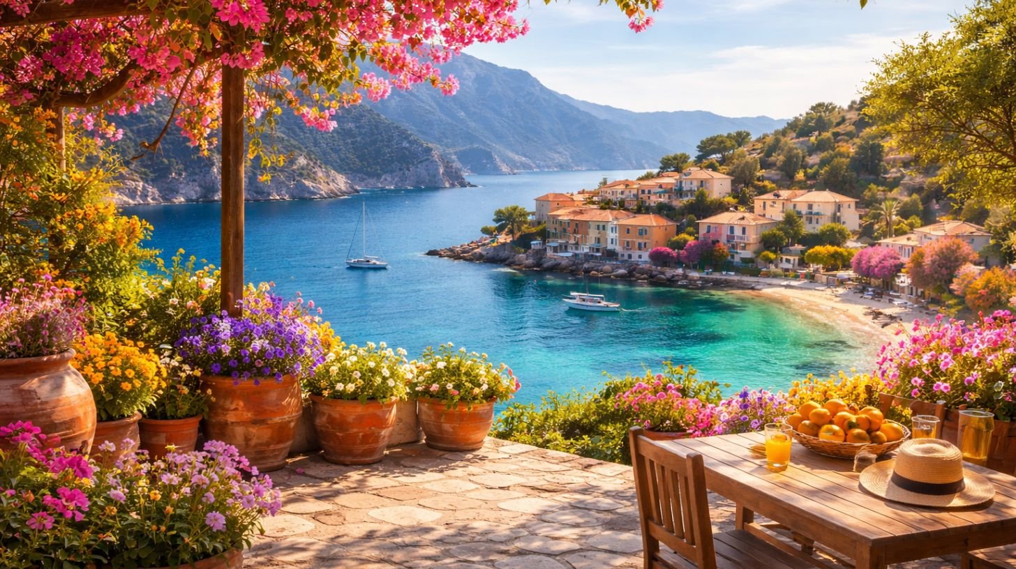 Où partir en vacances au printemps : village méditerranéen fleuri au bord de la mer, terrasse ensoleillée avec vue sur une baie turquoise et des maisons colorées