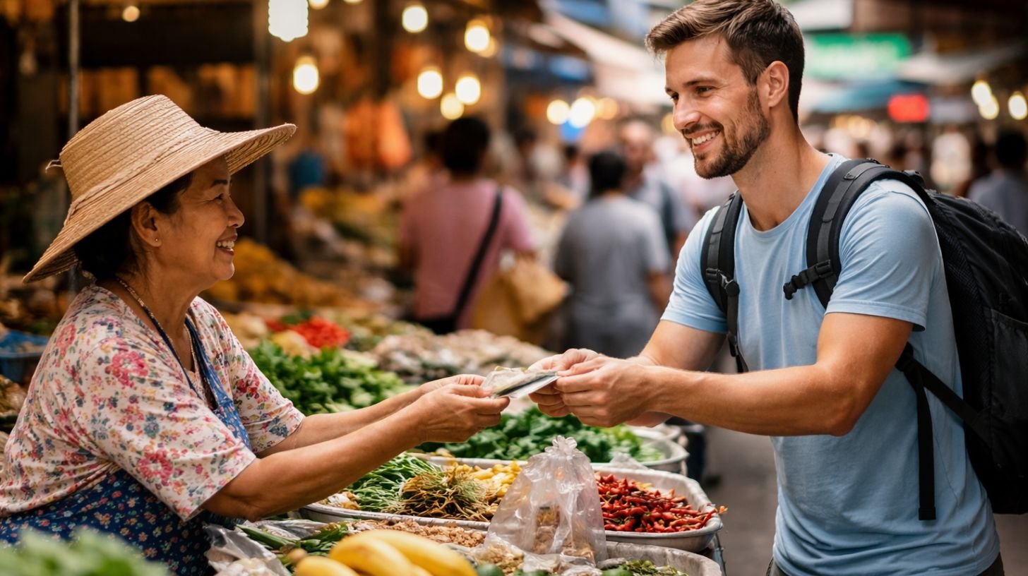 Cash ou carte bancaire en voyage : touriste payant en espèces dans un marché asiatique