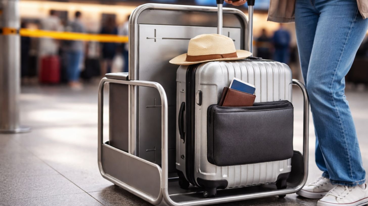 Règle bagage cabine : valise cabine mesurée dans un gabarit à l’aéroport avant l’embarquement