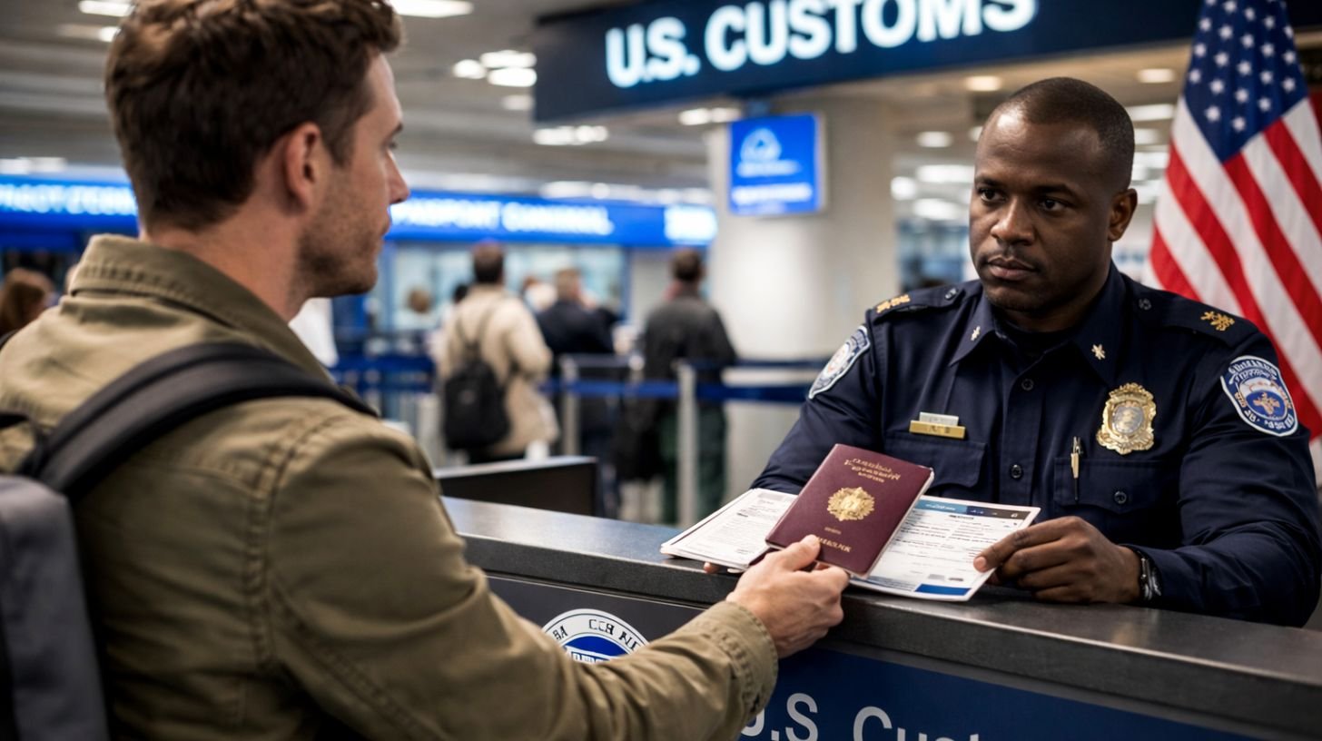 Voyageur français présentant son passeport à un agent de la douane américaine lors du contrôle ESTA États-Unis 2026.