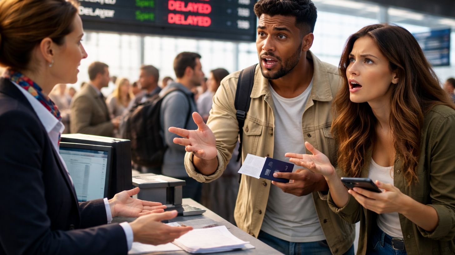 Couple énervé discutant avec une hôtesse au comptoir d’aéroport après un problème de vol, illustration des pires compagnies aériennes