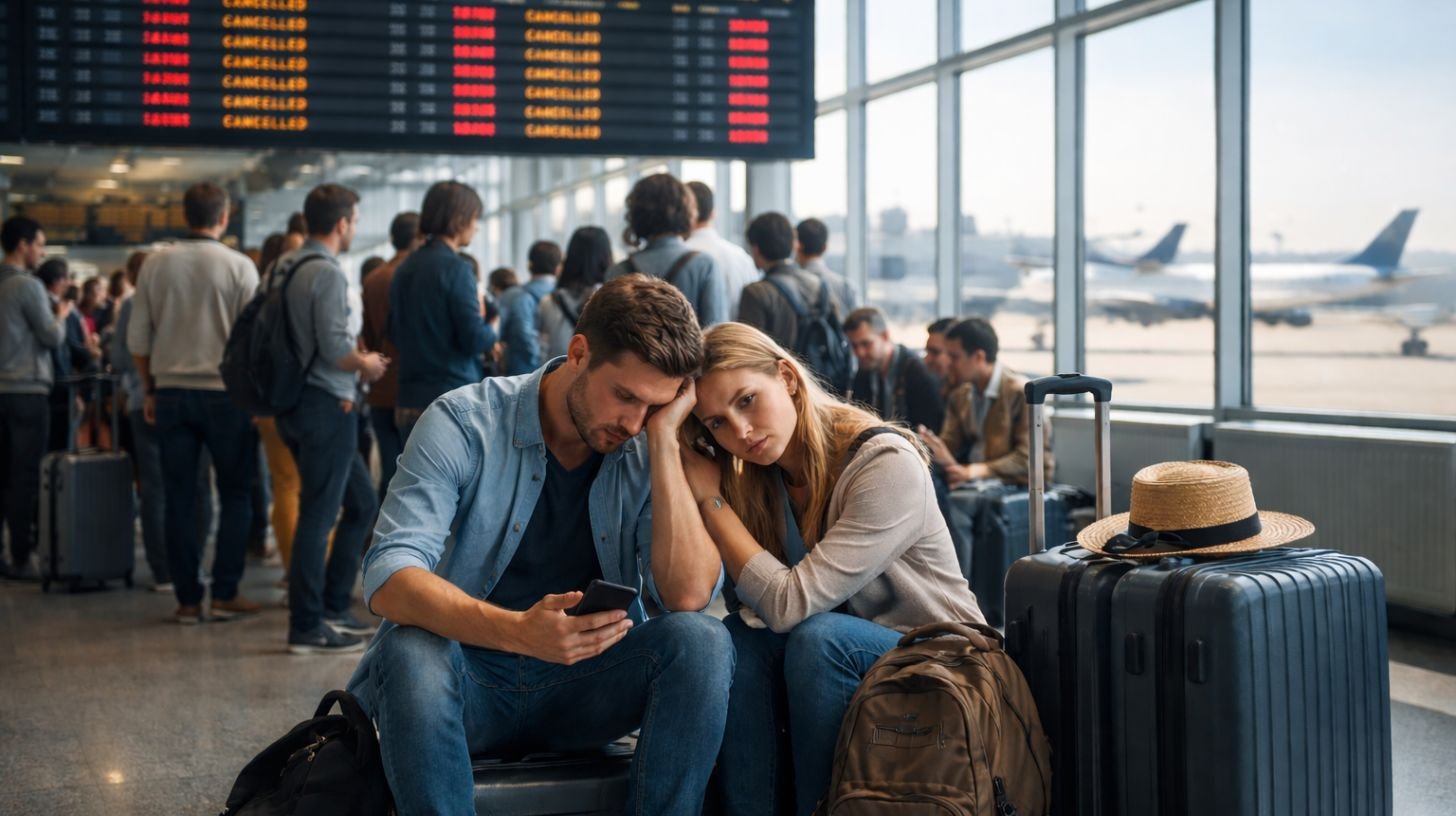 Couple de voyageurs bloqués à l’aéroport après une annulation voyage en cas de guerre, vols affichés annulés sur le tableau des départs.