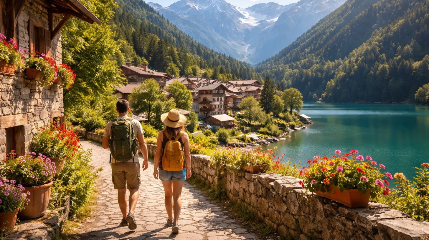 Village alpin paisible avec des voyageurs profitant d’un paysage naturel, exemple de destination pour éviter le tourisme de masse pendant les vacances scolaires.