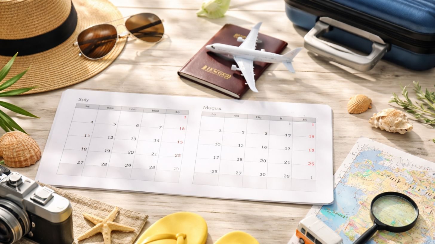 Calendrier de vacances posé sur une table avec valise, passeport et accessoires de voyage, illustrant la planification des vacances scolaires 2026-2027