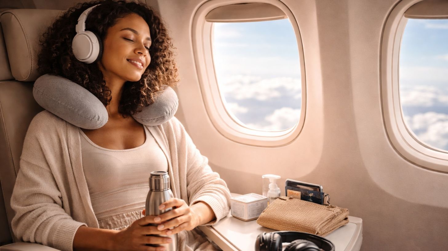 Voyageuse métisse assise côté hublot dans un avion lors d’un vol long courrier, avec coussin de voyage et accessoires cabine