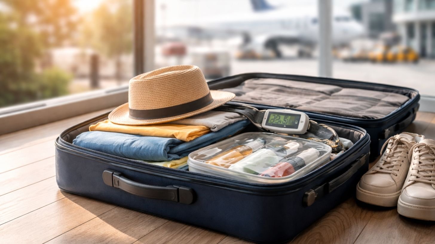Valise ouverte préparée pour un voyage en avion avec vêtements, trousse de toilette et balance à bagage dans un aéroport