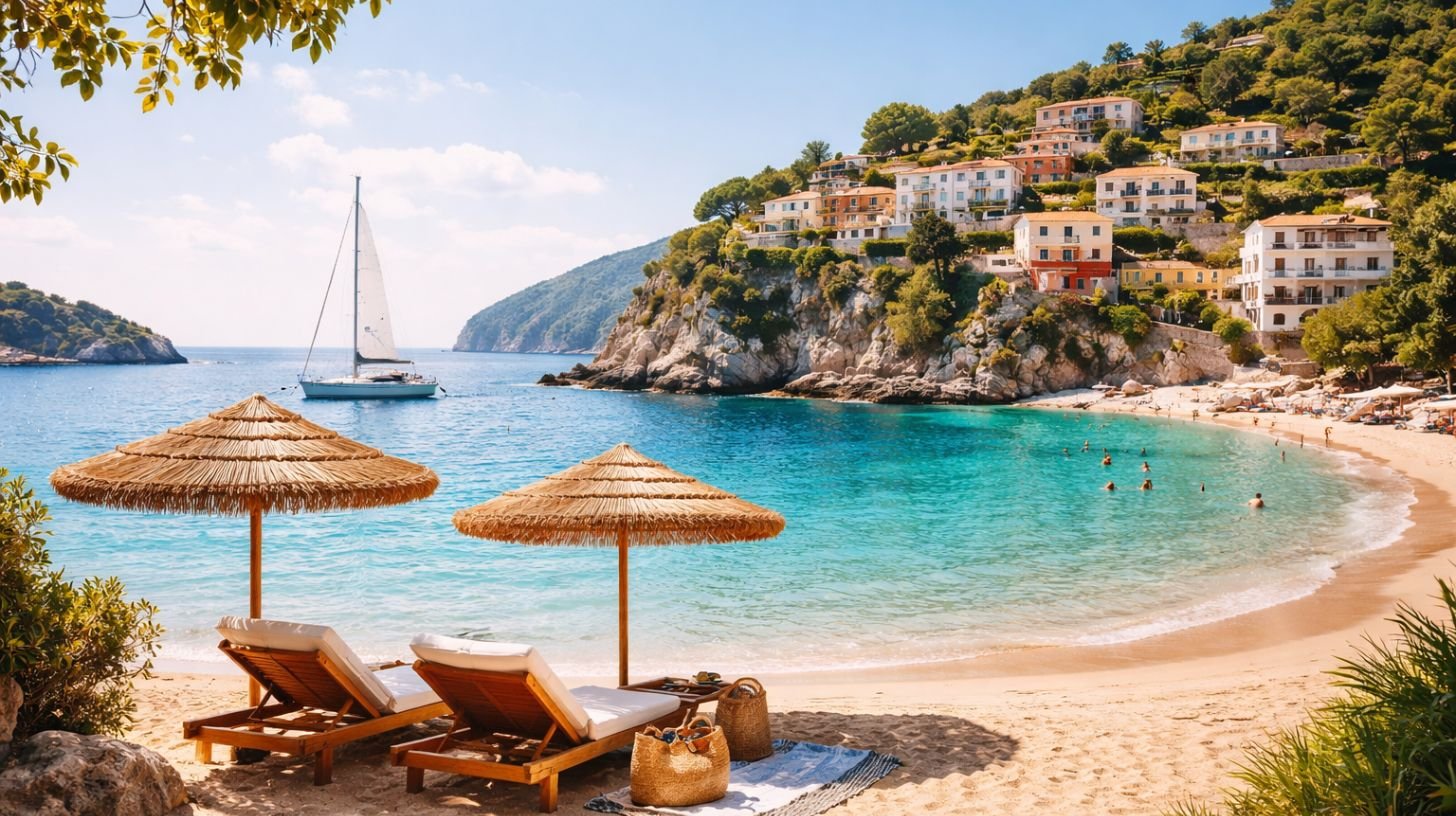Vacances été 2026 : plage méditerranéenne ensoleillée avec transats, eau turquoise et village côtier en arrière-plan