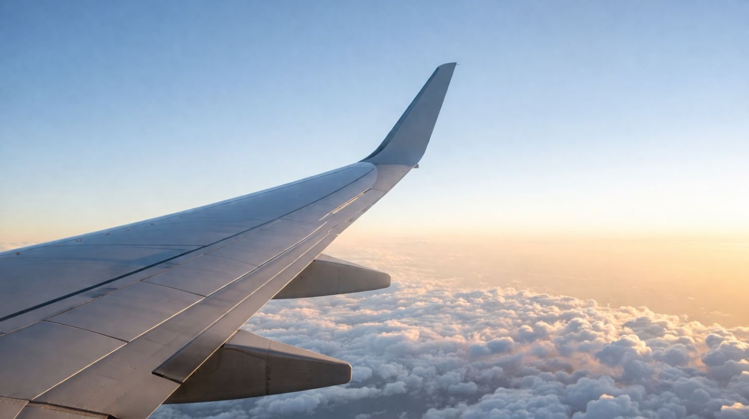 Vue depuis le hublot d’un avion avec aile en vol au-dessus des nuages au coucher du soleil