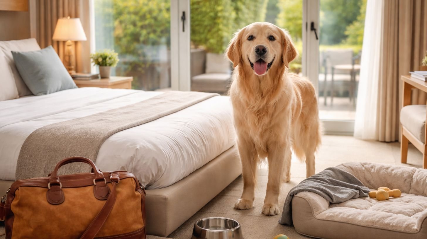 Chien dans une chambre d’hôtel pet-friendly avec panier, gamelle et espace lumineux donnant sur un jardin
