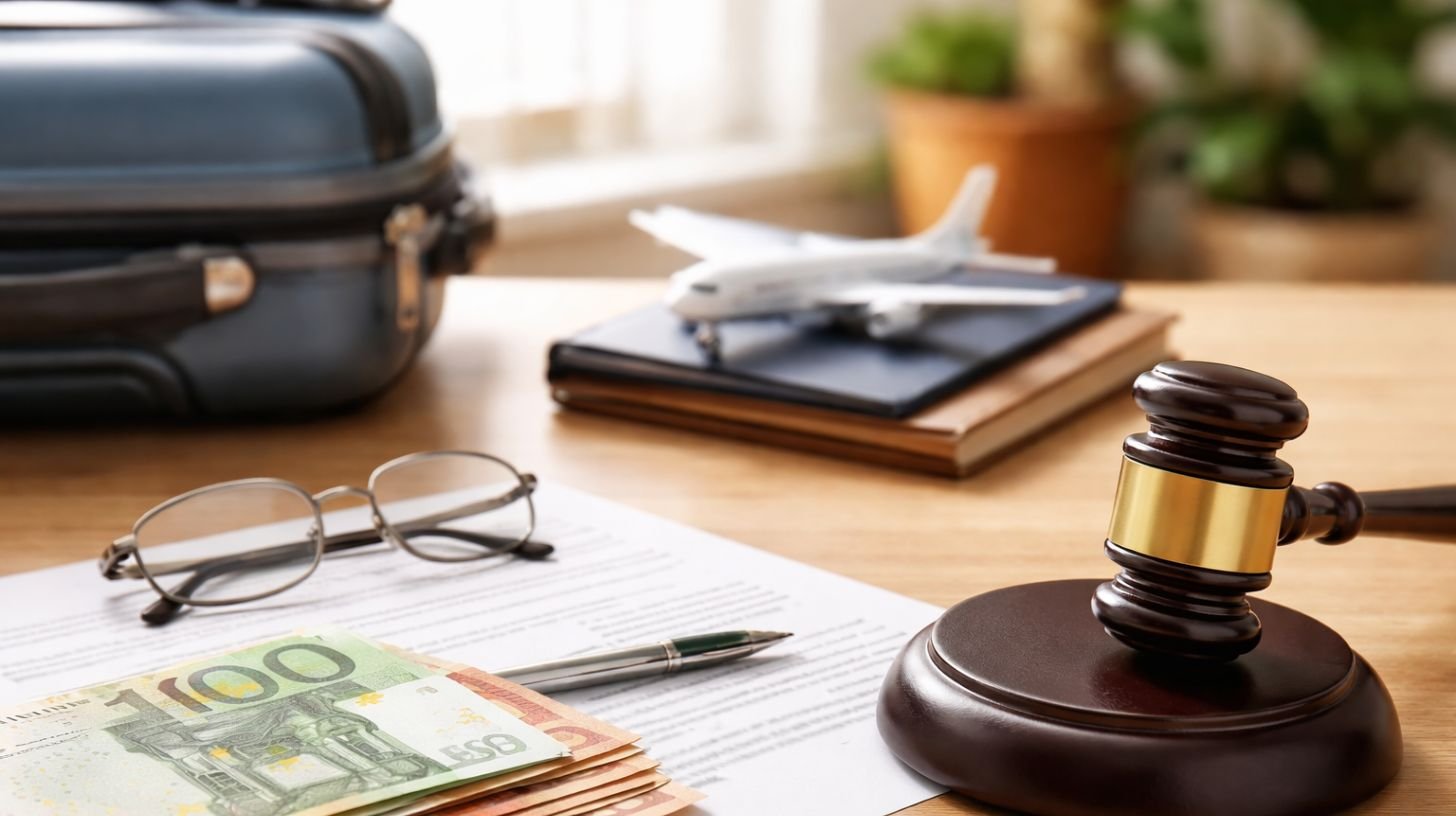 Remboursement d’un voyage annulé avec documents, argent et symbole juridique