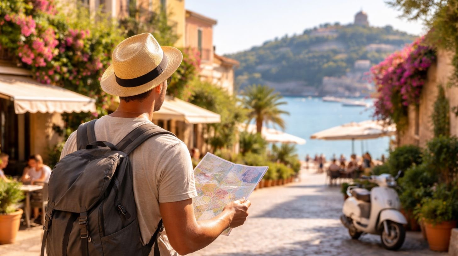 Voyageur explorant une destination ensoleillée avec une carte, illustrant le fait de voyager sans parler anglais facilement et sereinement