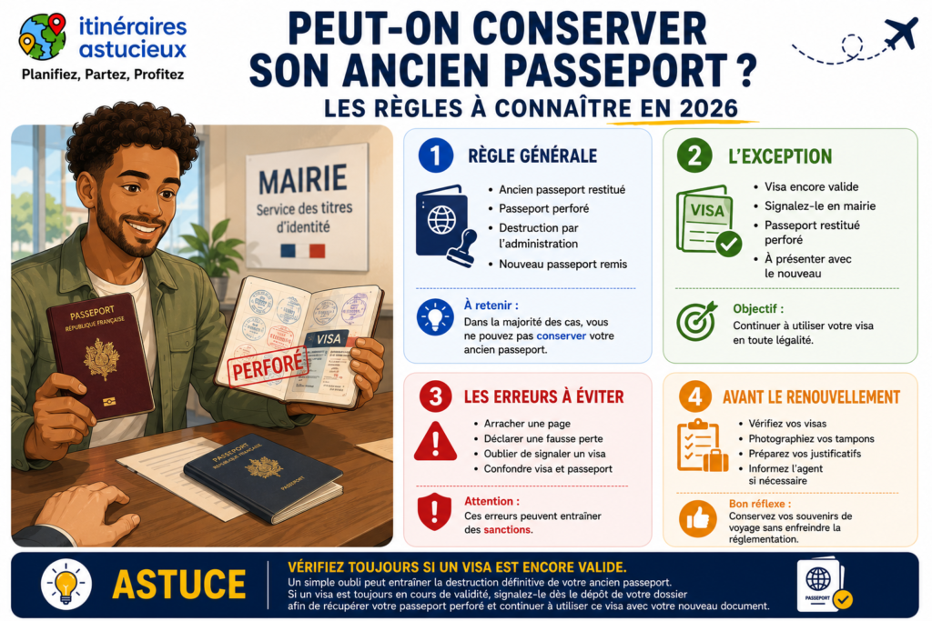 Infographie expliquant les règles de conservation de l'ancien passeport lors d'un renouvellement en France, les exceptions en cas de visa valide, les erreurs à éviter et les démarches à effectuer avant le renouvellement.