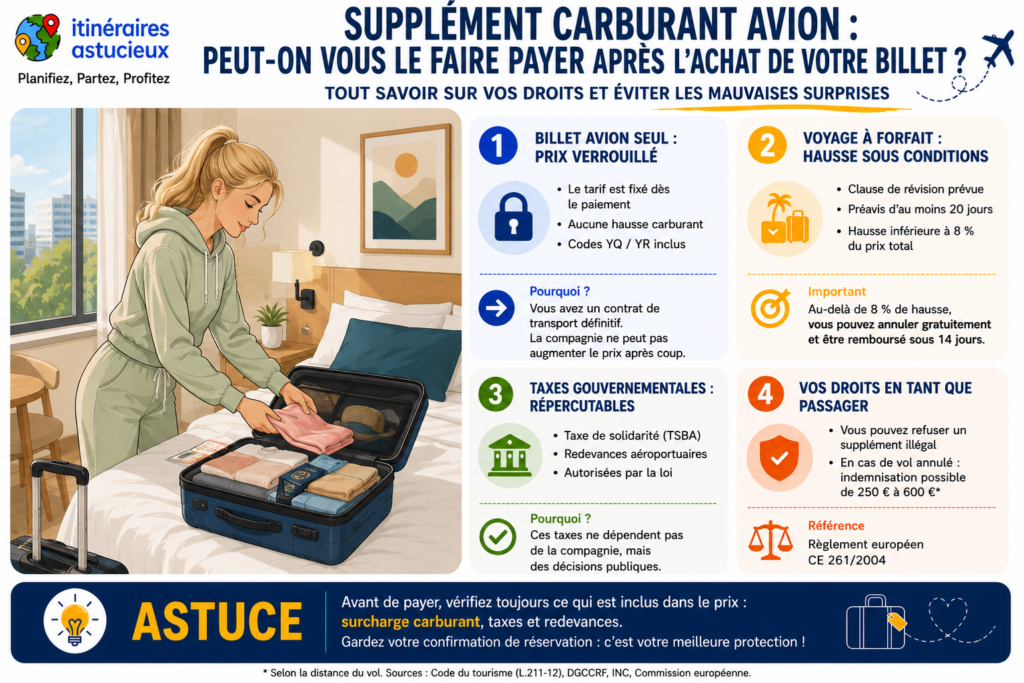 Infographie expliquant dans quels cas une compagnie aérienne peut ou non demander un supplément carburant après l'achat d'un billet d'avion, les exceptions prévues par la loi et les droits des passagers.