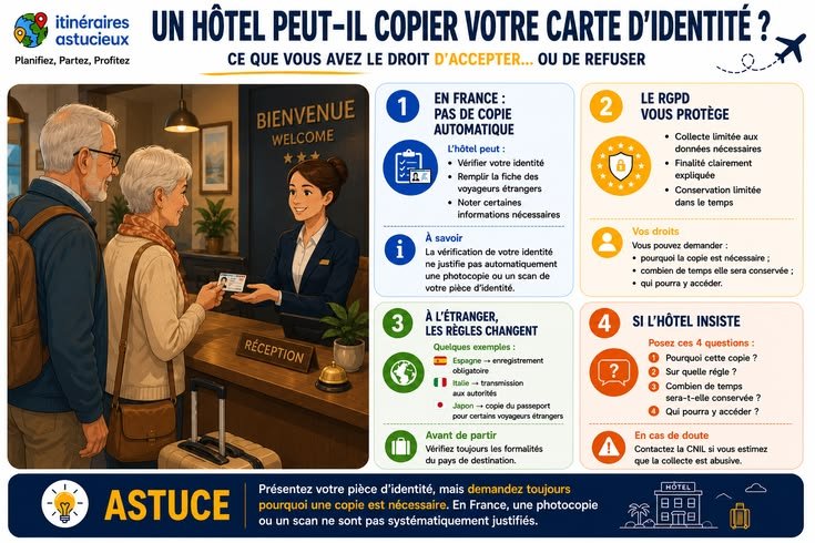 Infographie expliquant si un hôtel ou un camping peut copier une carte d'identité, les règles en France, le rôle du RGPD, les différences à l'étranger et les bons réflexes à adopter.