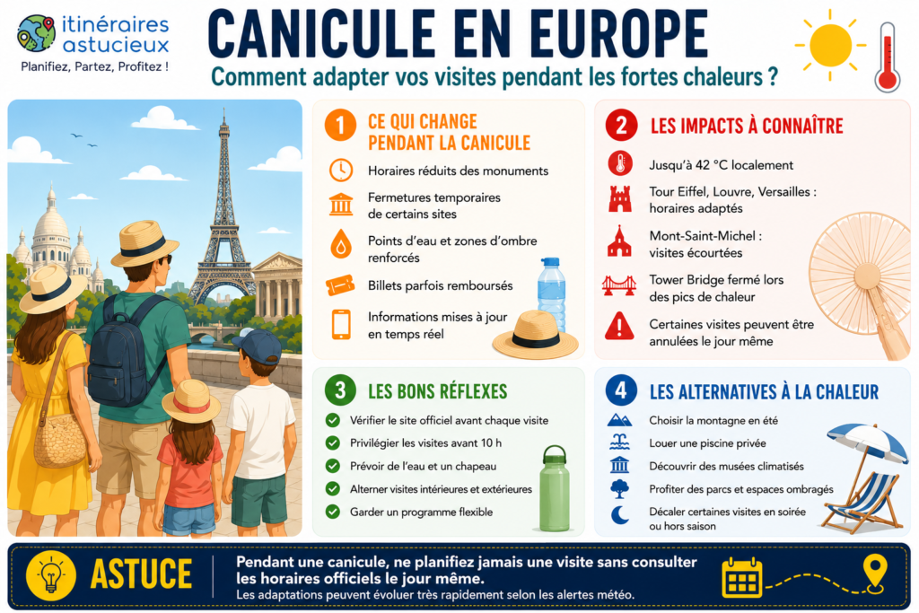 Infographie présentant les principaux conseils pour visiter les sites touristiques en Europe pendant une canicule : horaires adaptés, bons réflexes et alternatives pour voyager malgré les fortes chaleurs.