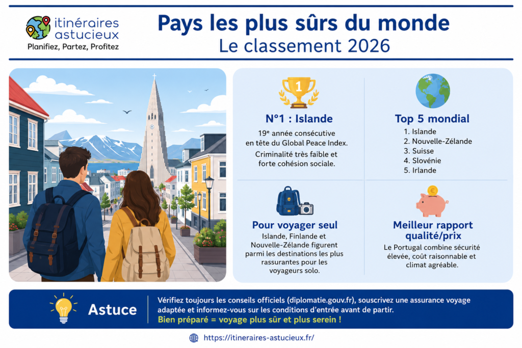 Infographie présentant les pays les plus sûrs du monde en 2026 avec l'Islande en première position, le Top 5 mondial et les meilleures destinations pour voyager en sécurité.