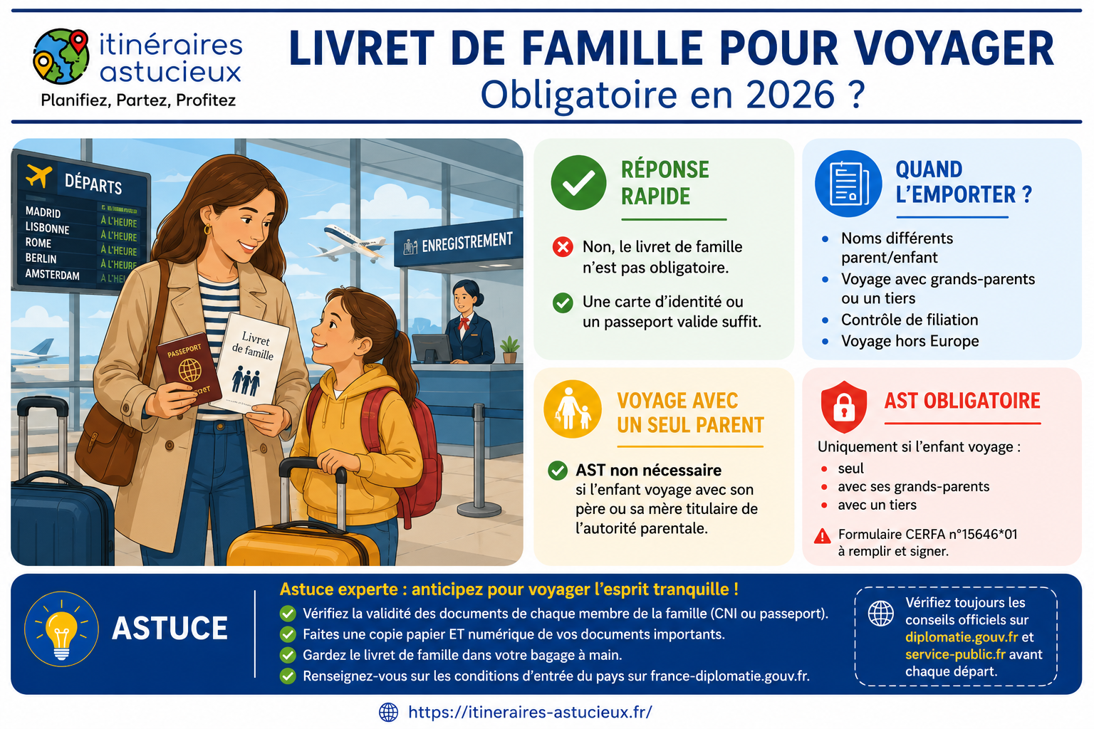 Infographie expliquant si le livret de famille est obligatoire pour voyager avec un enfant en 2026, les cas où il est recommandé, les situations nécessitant une autorisation de sortie de territoire et les documents à prévoir avant un voyage en famille.