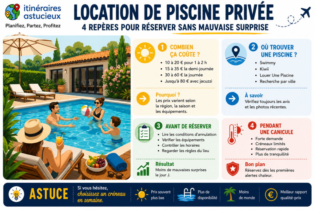 Infographie présentant 4 conseils pour réserver une piscine privée : prix moyens, plateformes de réservation, vérifications avant réservation et astuces pour trouver un créneau pendant une canicule.