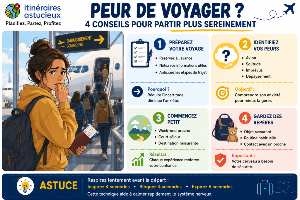 Infographie présentant 4 conseils pour surmonter la peur de voyager et réduire l'anxiété avant les vacances : préparation, identification des peurs, exposition progressive et repères rassurants.