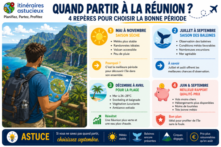 Infographie expliquant quand partir à La Réunion selon ses envies : randonnée, observation des baleines, plages, volcan et voyage petit budget avec les meilleures périodes de l'année.