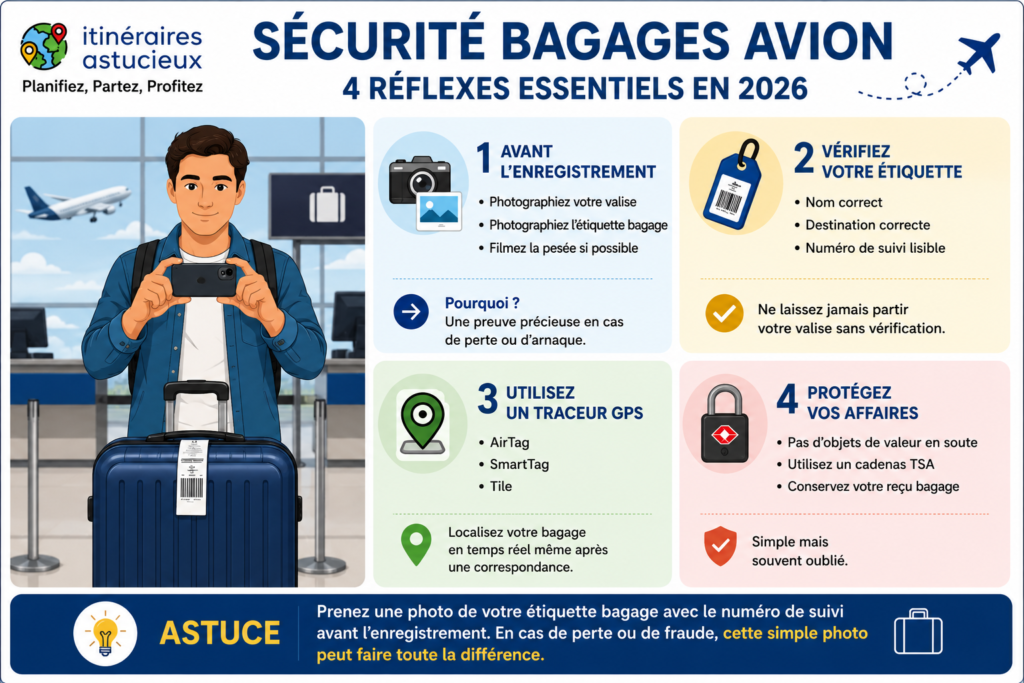 Infographie sécurité bagages avion présentant quatre réflexes essentiels : photographier sa valise avant l'enregistrement, vérifier l'étiquette bagage, utiliser un traceur GPS et protéger ses affaires avec un cadenas TSA.