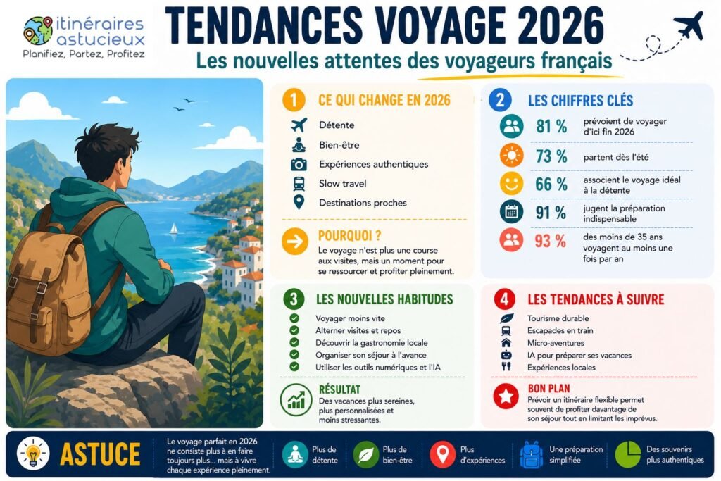 Tendances voyage 2026 : illustration présentant les nouvelles attentes des voyageurs français, les chiffres clés et les principales évolutions des habitudes de voyage.