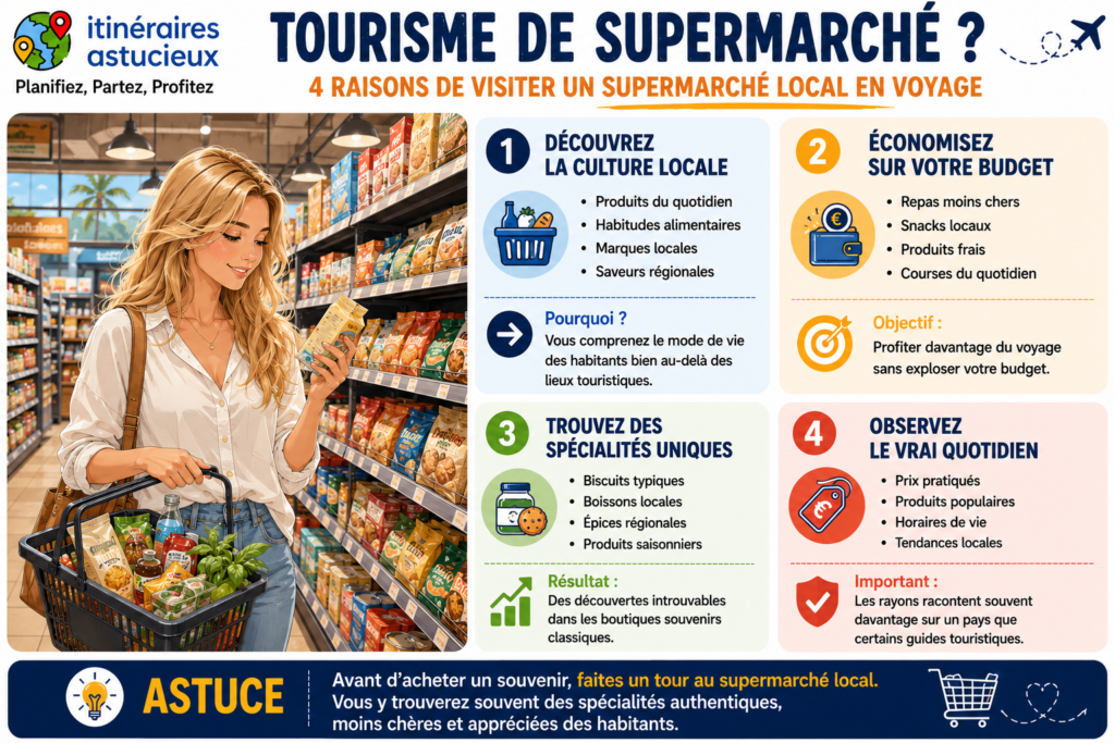 Infographie présentant 4 raisons de pratiquer le tourisme de supermarché en voyage : découvrir la culture locale, économiser sur son budget, trouver des spécialités régionales et observer le quotidien des habitants.