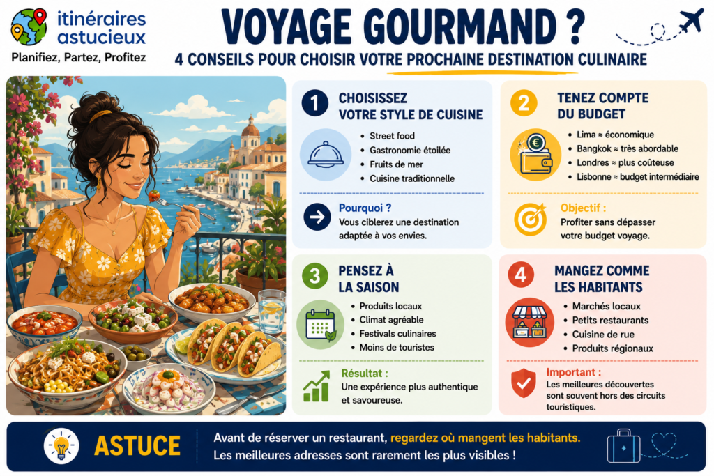 Infographie voyage gourmand présentant 4 conseils pour choisir une destination culinaire : définir son style de cuisine, maîtriser son budget, choisir la bonne saison et privilégier les adresses locales.
