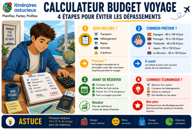 Infographie présentant les 4 étapes essentielles pour calculer son budget voyage : dépenses à prévoir, budget moyen par destination, conseils avant réservation et astuces pour économiser sur ses vacances.
