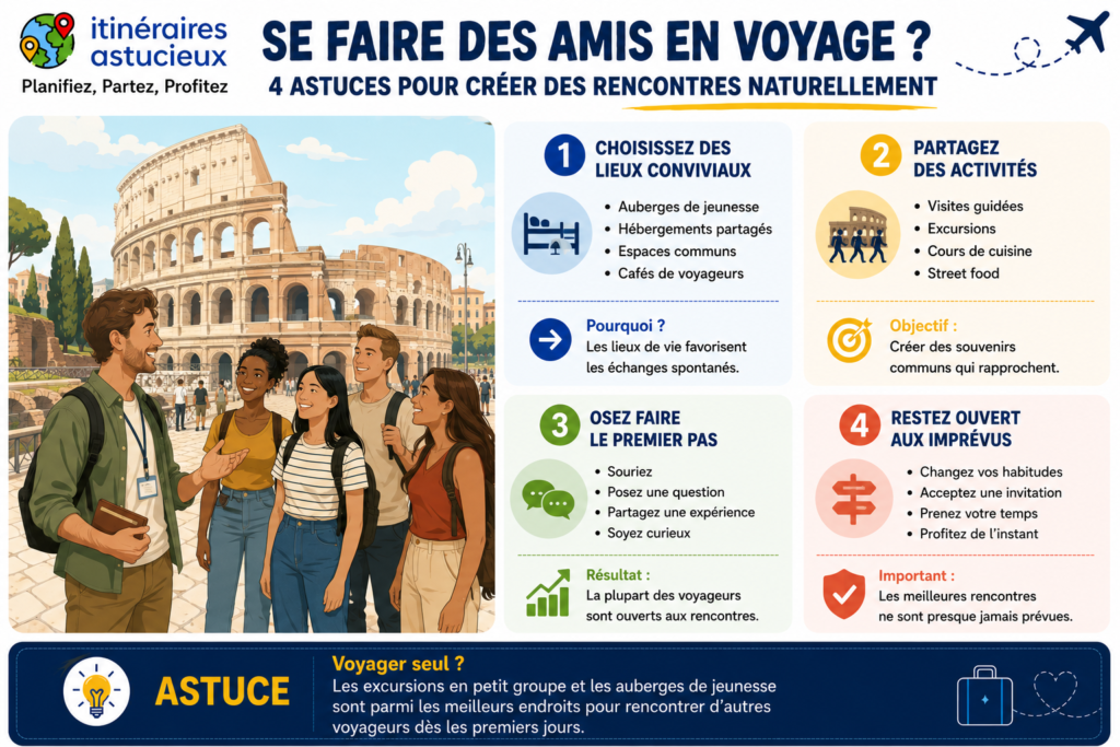 Infographie présentant 4 astuces pour se faire des amis en voyage, comme choisir des lieux conviviaux, participer à des activités de groupe et oser engager la conversation.