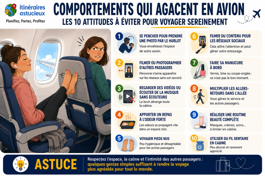 Infographie présentant les 10 comportements qui agacent en avion, comme voyager pieds nus, regarder des vidéos sans écouteurs ou prendre une photo par le hublot.