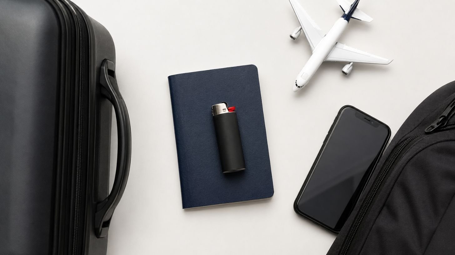 Briquet à gaz posé sur un passeport à côté d'une valise cabine et d'un avion miniature, illustrant les règles pour emporter un briquet en avion.