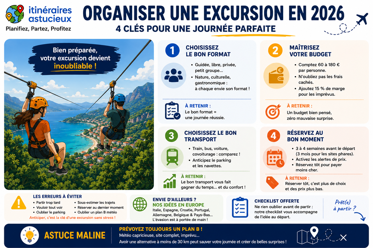 Infographie présentant les étapes essentielles pour organiser une excursion réussie en 2026 : choix du type d'excursion, budget, transport, réservation et conseils pratiques pour une journée sans stress.