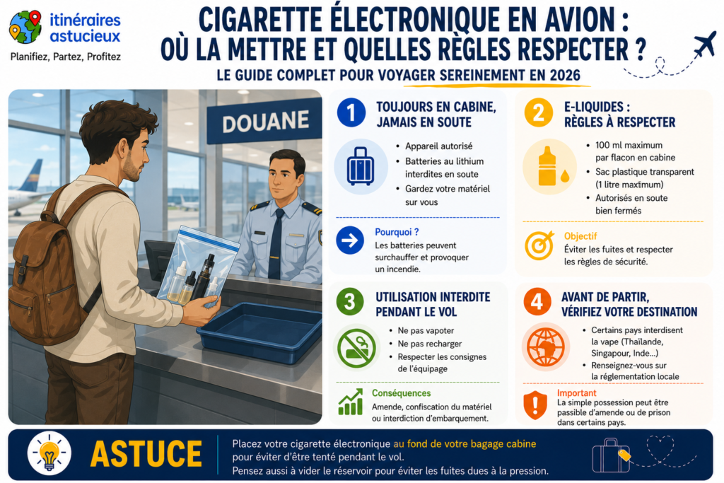 Illustration d'un voyageur passant le contrôle de sécurité à l'aéroport avec une cigarette électronique, montrant où mettre sa cigarette électronique en avion et les règles à respecter en cabine.