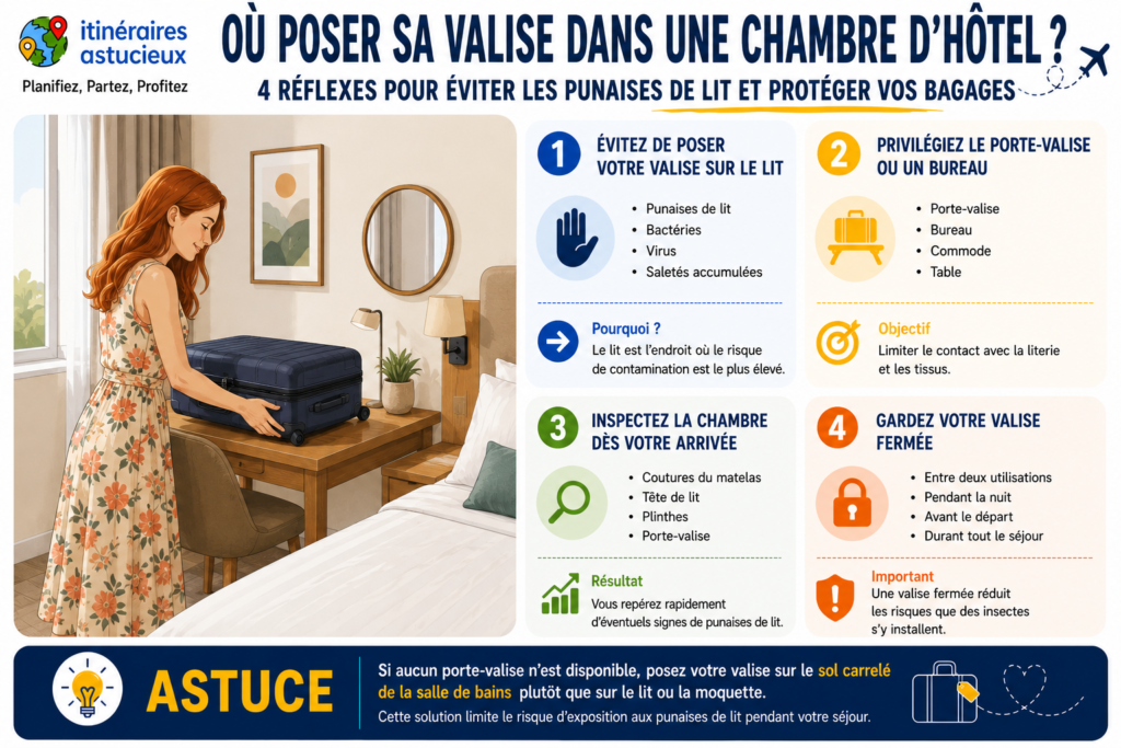 Infographie présentant les meilleurs endroits où poser sa valise dans une chambre d'hôtel pour éviter les punaises de lit et protéger ses bagages.