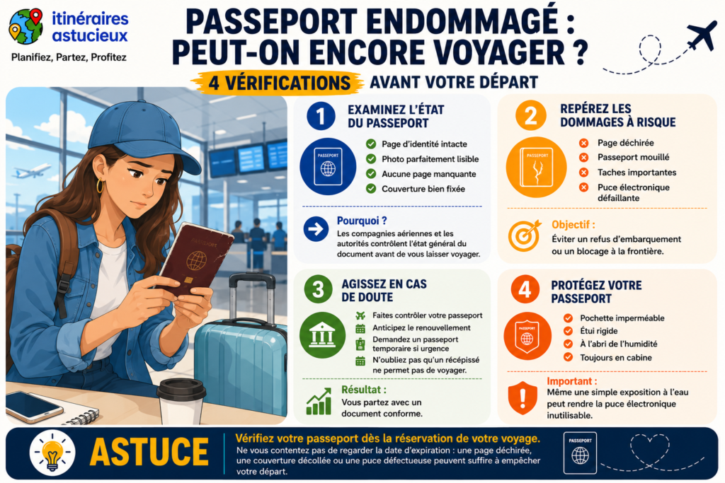 Infographie présentant les 4 vérifications essentielles à effectuer sur un passeport endommagé avant un voyage afin d'éviter un refus d'embarquement ou un blocage à la frontière.