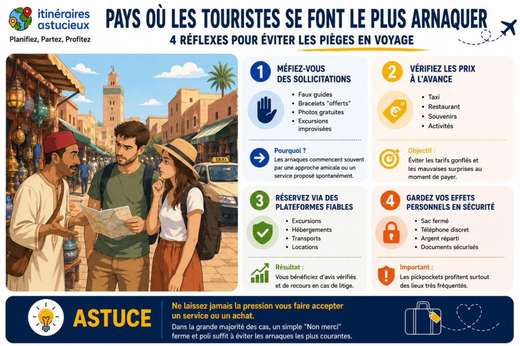 Infographie présentant 4 réflexes pour éviter les arnaques dans les pays où les touristes se font le plus arnaquer : vérifier les prix, se méfier des faux guides et protéger ses effets personnels.