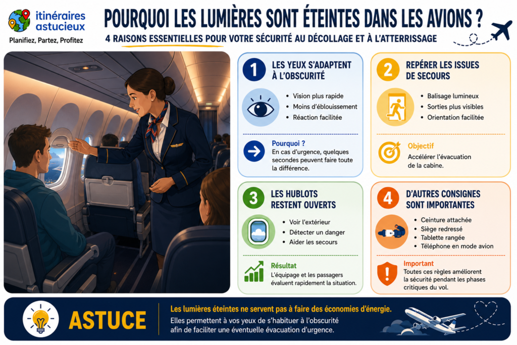 Infographie expliquant pourquoi les lumières sont éteintes dans les avions au décollage et à l'atterrissage, avec les principales consignes de sécurité des passagers.