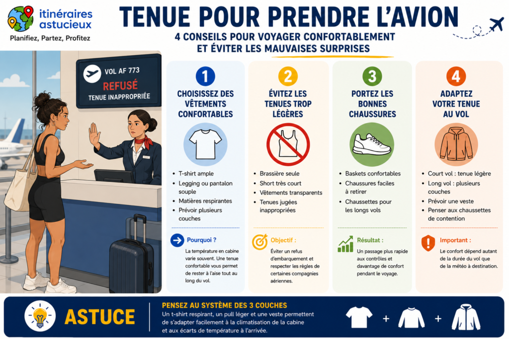 Infographie présentant les meilleures tenues pour prendre l'avion, les vêtements à éviter et les conseils pour voyager confortablement sans risque de refus d'embarquement.