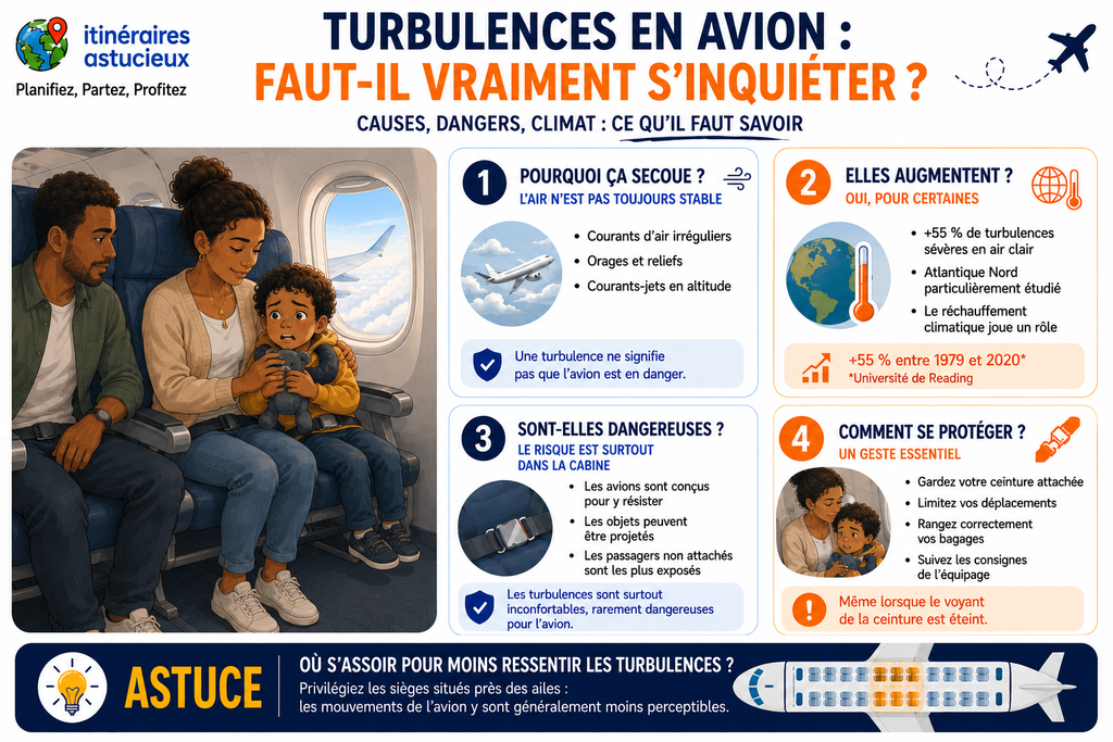 Infographie sur les turbulences en avion : causes, dangers, augmentation liée au changement climatique et conseils pour se protéger.