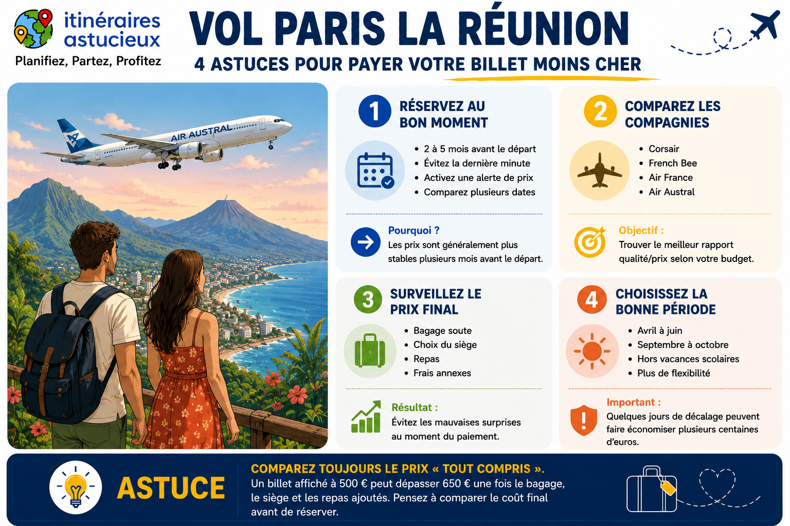 Infographie présentant 4 conseils pour réserver un vol Paris La Réunion moins cher : réserver au bon moment, comparer les compagnies aériennes, vérifier le prix total avec les options et choisir les meilleures périodes pour voyager.