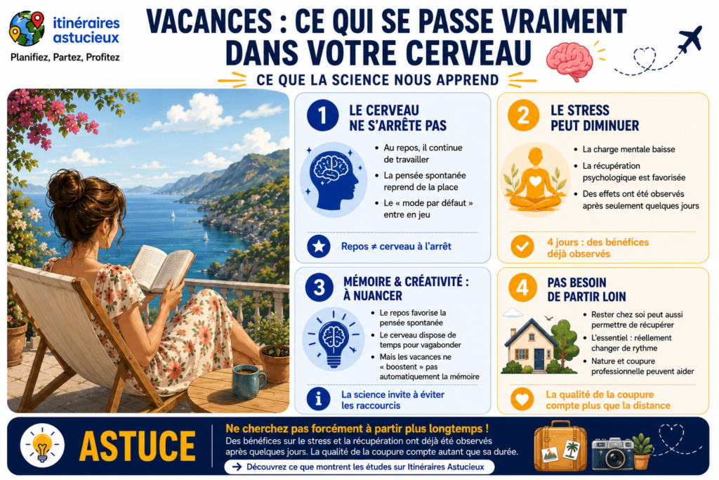 Infographie sur les bienfaits des vacances sur le cerveau selon la science