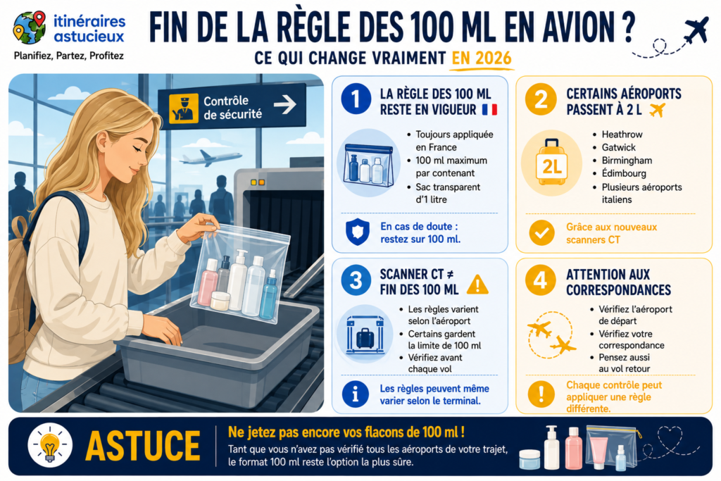 Infographie sur la fin de la règle des 100 ml en avion en 2026
