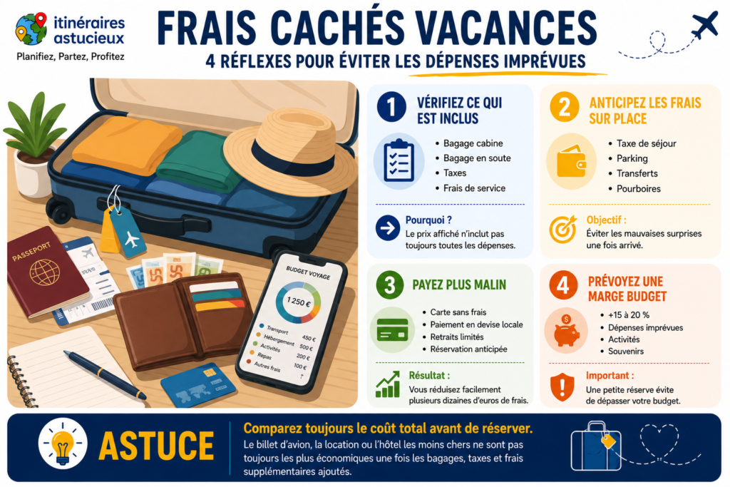 Infographie présentant les 4 réflexes pour éviter les frais cachés vacances : vérifier les frais inclus, anticiper les dépenses sur place, choisir un moyen de paiement adapté et prévoir une marge dans son budget.