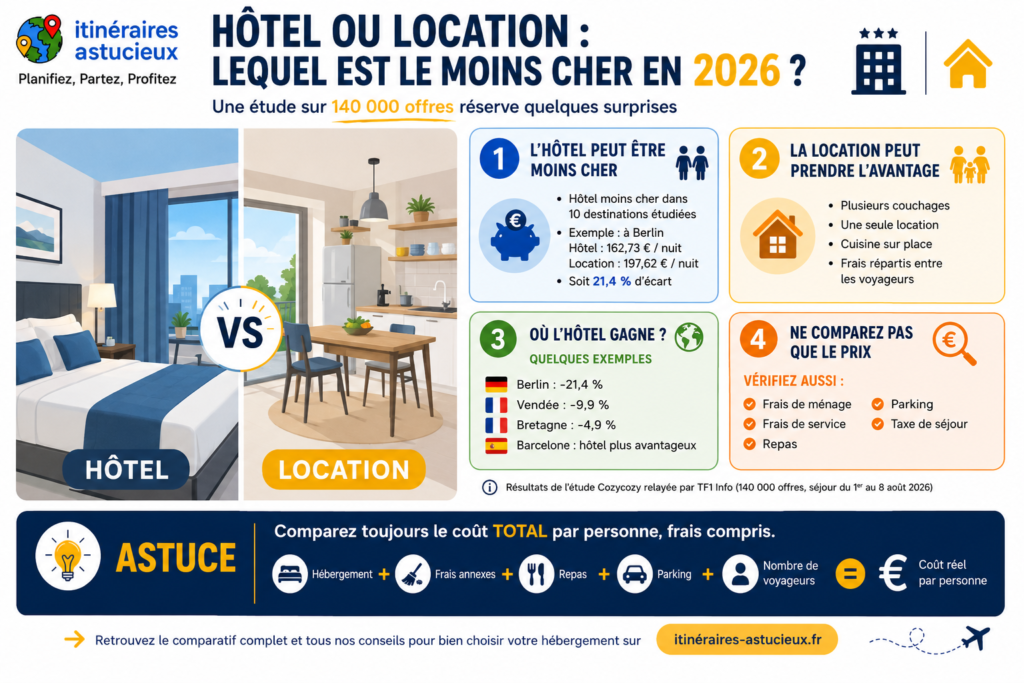 Infographie comparant le prix d’un hôtel et d’une location de vacances en 2026 selon la destination et le nombre de voyageurs